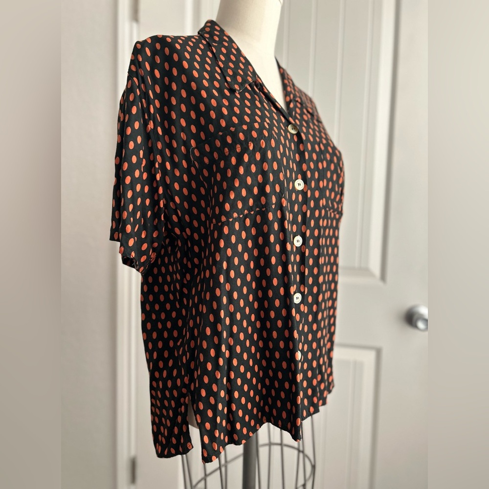 Vintage Esprit Polka Dot Button-Up Blouse Black and Orange L